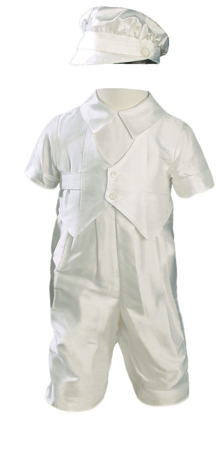Boys Silk Dupioni Vested Christening Baptism Coverall with Hat
