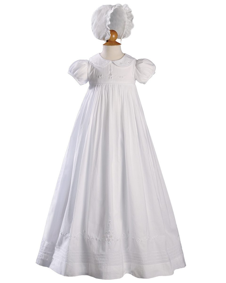 Girls Cotton Short Sleeve Christening Gown with Hand Embroidery, 33" Length