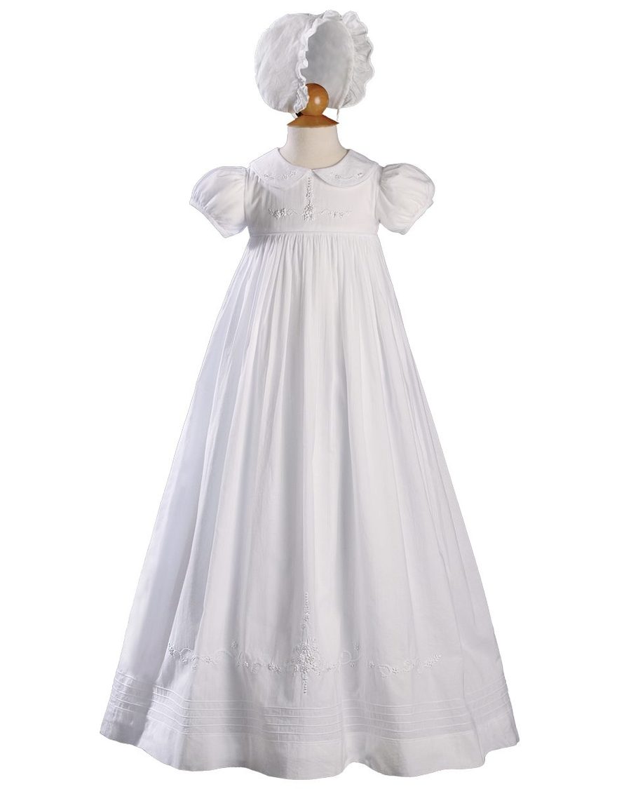 Girls Cotton Short Sleeve Christening Gown with Hand Embroidery, 33" Length