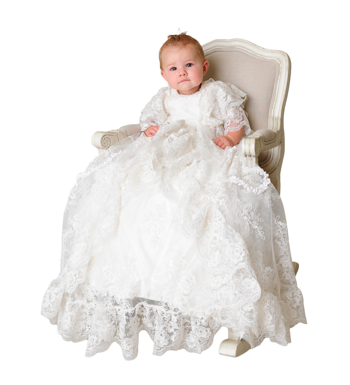 Front view of adorable baby girl wearing beautiful snow-white dress and  flower crown. Cute child in tulle gown looking at camera. Isolated on white  st Stock Photo - Alamy